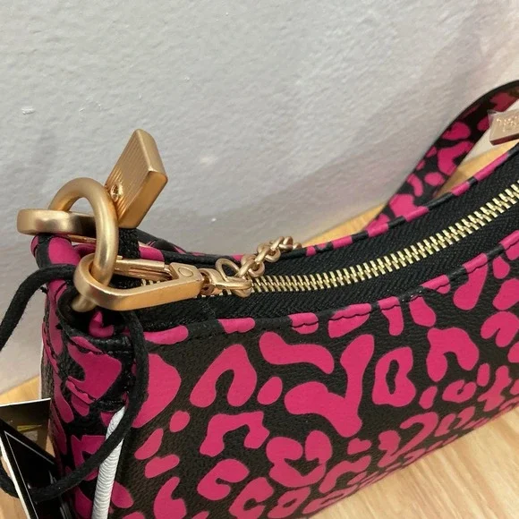 NEW Von Dutch HOT Pink Cheetah Print Shoulder Bag Detachable Chain Wrench Charm - Picture 10 of 11